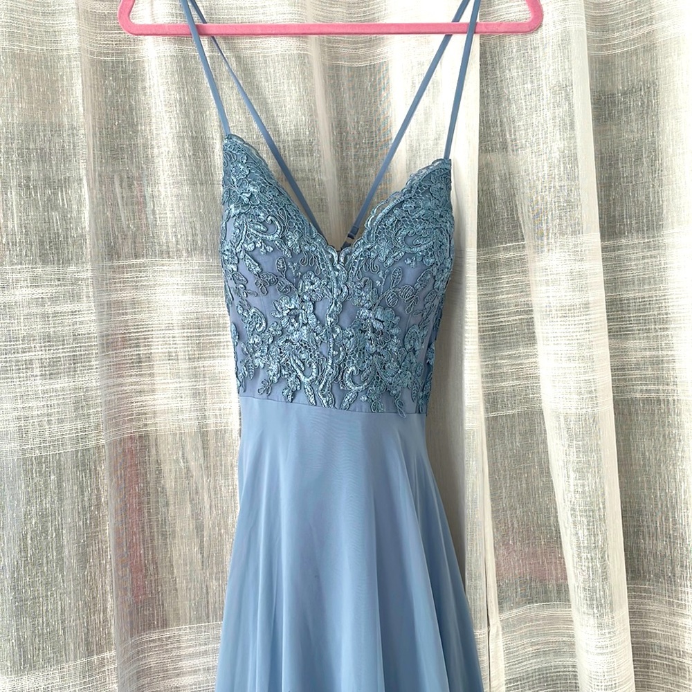 Azazie Sonya bridesmaids dress color dusty blue size A6